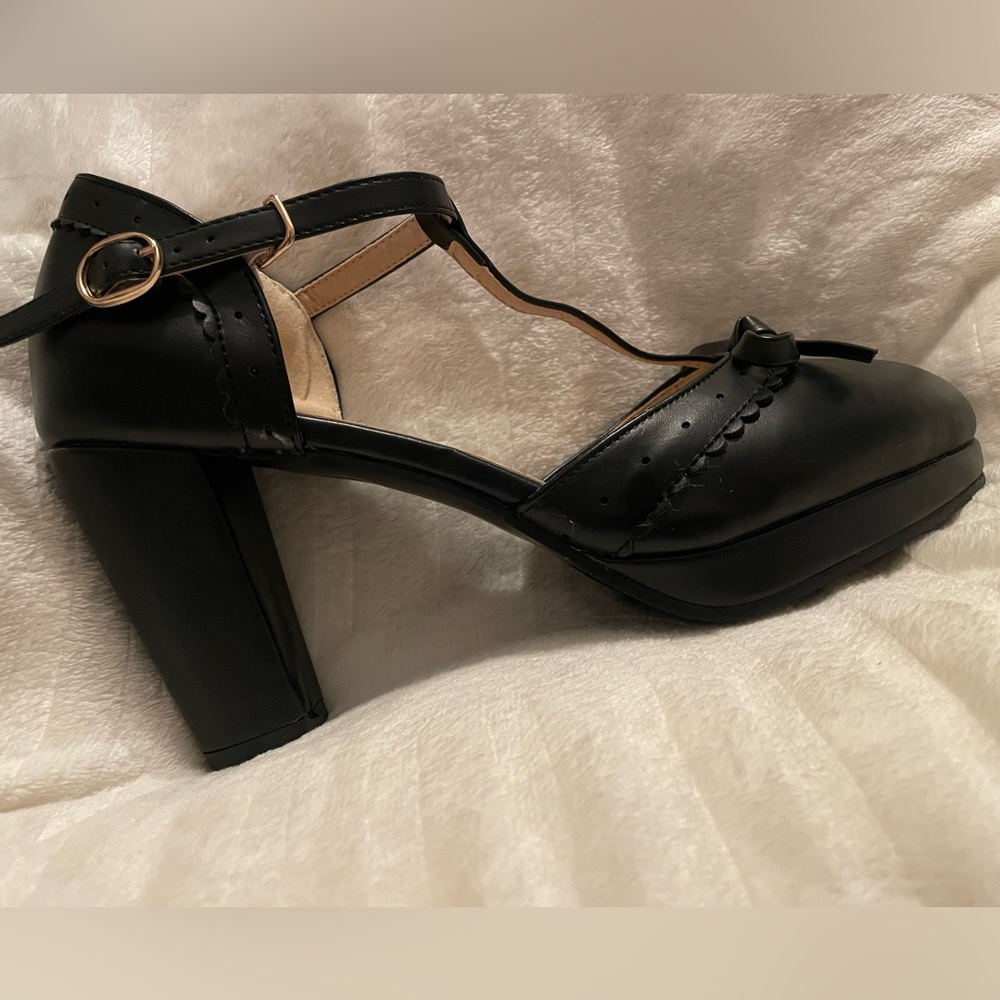 Classic Black T-Strap Block Heel Pumps - Women
